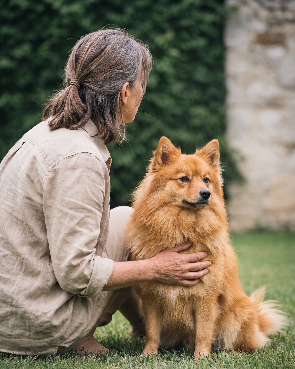 Hélène Vasseur accroupie auprès de Soline dans le jardin