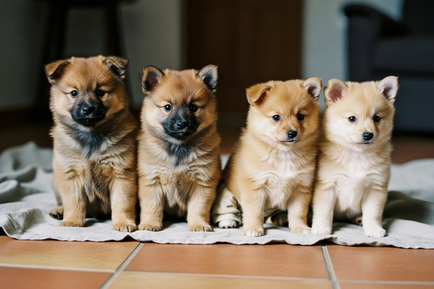 Les quatre chiots de la portée B réunis sur une couverture en lin