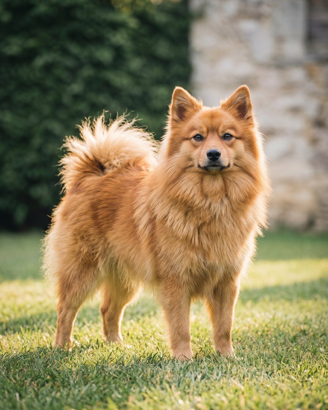 Soline, femelle spitz allemand moyen orange, debout dans le jardin de l’élevage